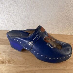 VTG Ceder SKO Floral Art Leather Handmade Wooden Clogs Women Size 37.5/US7
